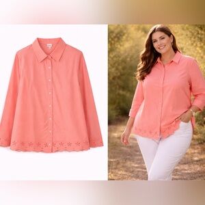 Peach Button-Up Cotton Cottagecore Feminine Blouse XL Eyelet Hem and Sleeves
